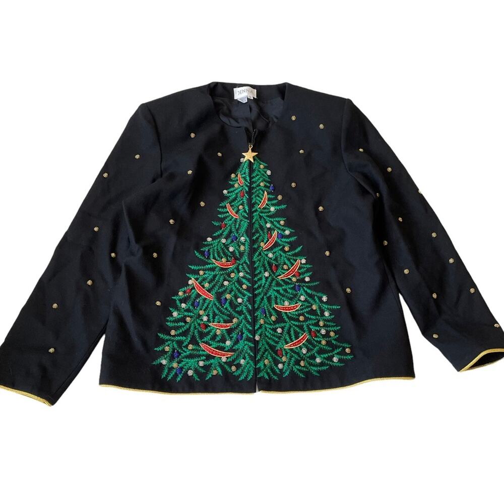 Vintage Jenna Christmas Tree Cardigan Sweater Embroidered Beaded Zip 14 NWT